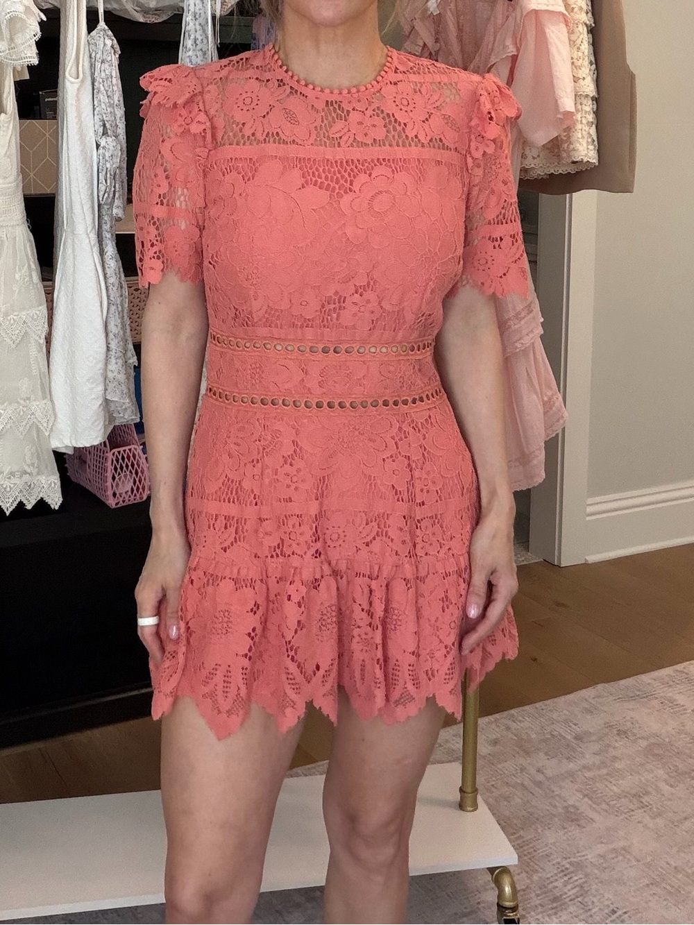 SAYLOR Coral-Peach Lace Mini Dress
